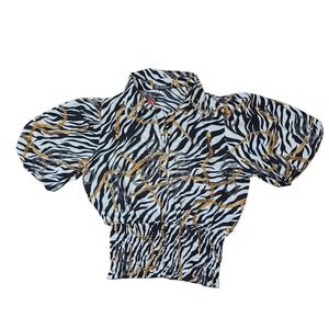 HJ‎ Fashion Zebra Print Chain Blouse Top Short Sleeve Shirred Waist Trendy M NWT